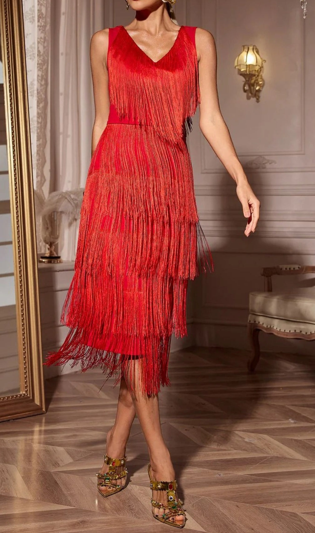 Chava Red V-Neck Fringe Midi Dress
