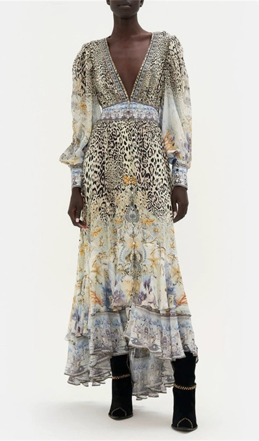 Long Sleeve Deep V-Neck Leopard Pattern Wrapped Waist Maxi Dress