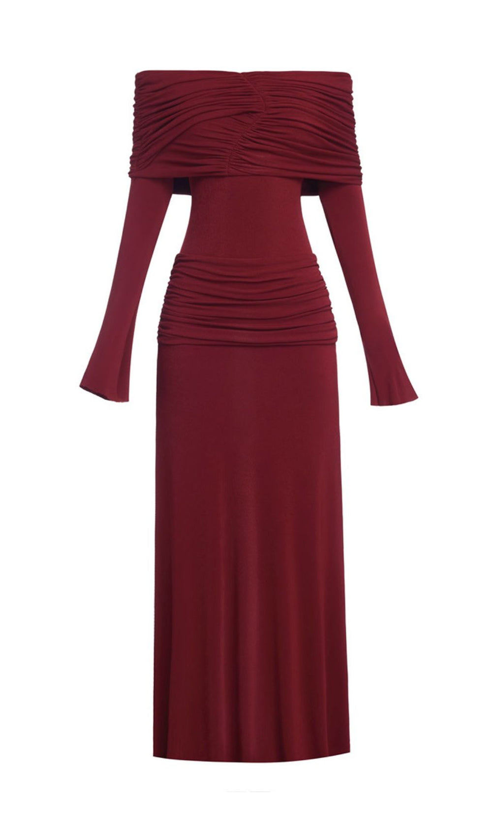 Gala Wine Off-Shoulder Ruched Long Sleeve Maxi Dress