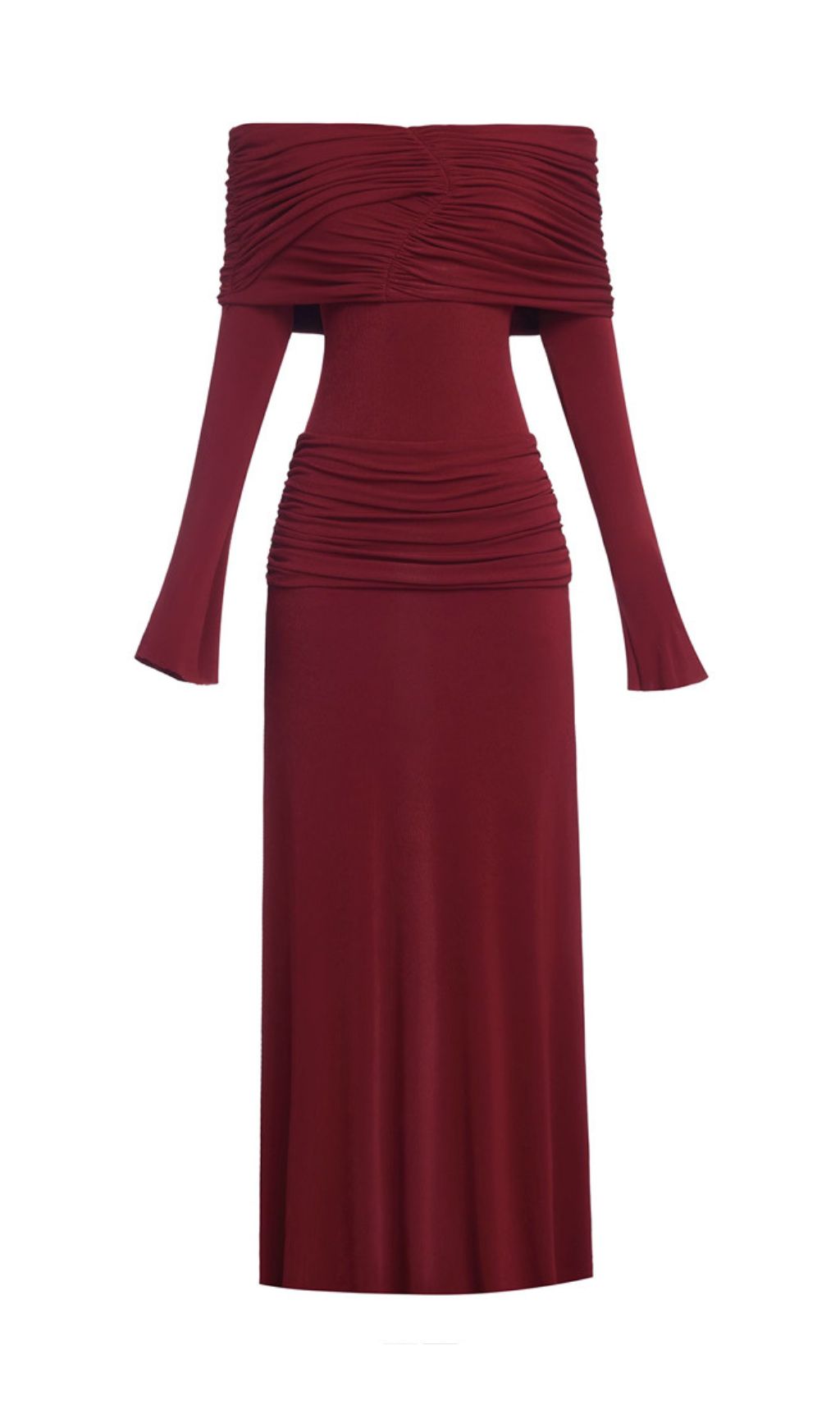 Gala Wine Off-Shoulder Ruched Long Sleeve Maxi Dress