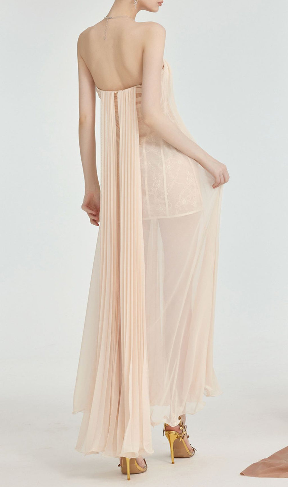 Fintan Apricot Strapless Mesh Lace Maxi Dress