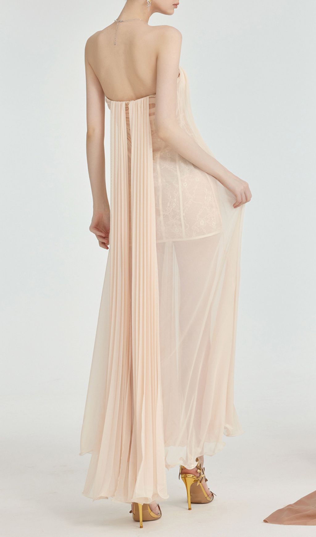 Fintan Apricot Strapless Mesh Lace Maxi Dress