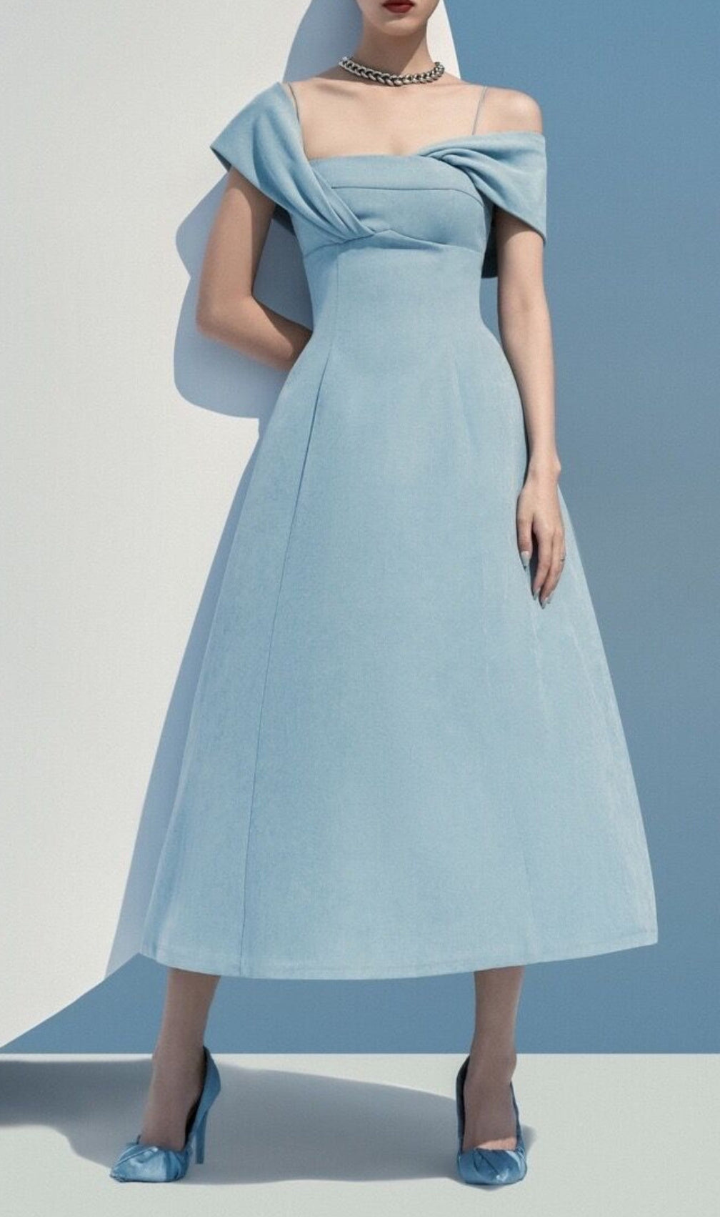Haze Blue Oblique Shoulder Midi Dress