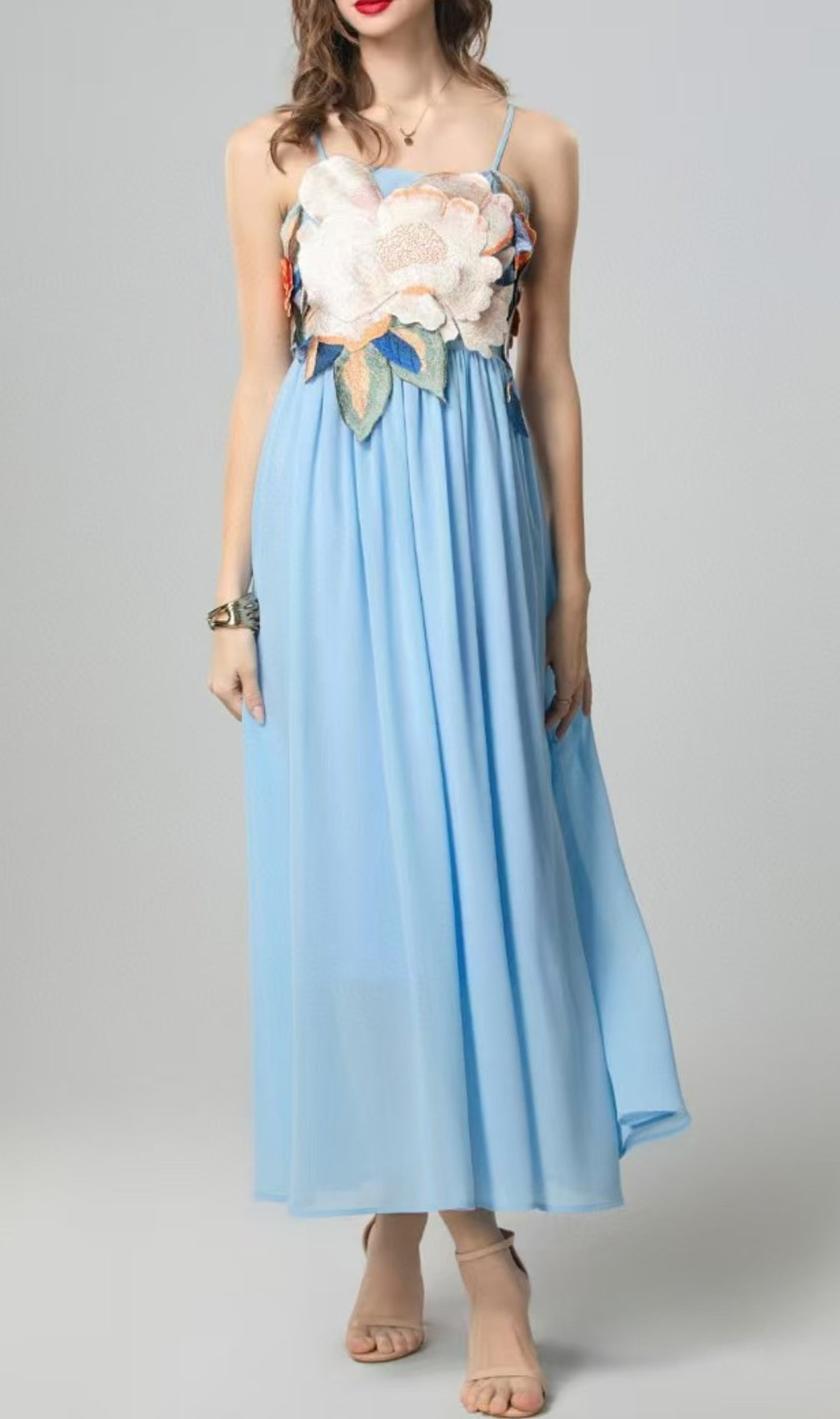 Emanuele Blue Flower Embroidery Maxi Dress