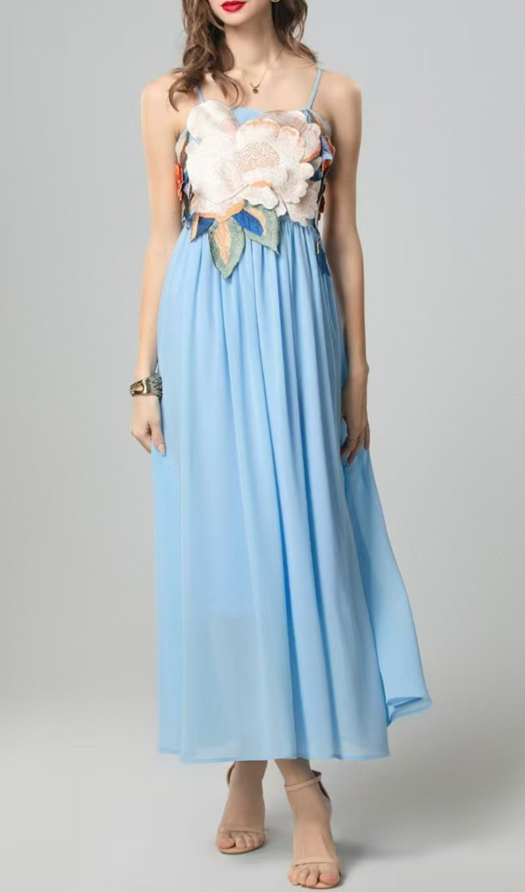 Emanuele Blue Flower Embroidery Maxi Dress