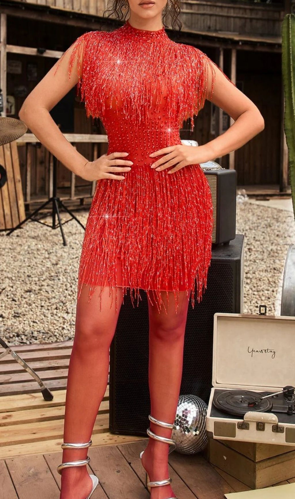 Acrune Dazzling Red Fringe Rhinestone Mini Dress - Glitter Party & Clubwear