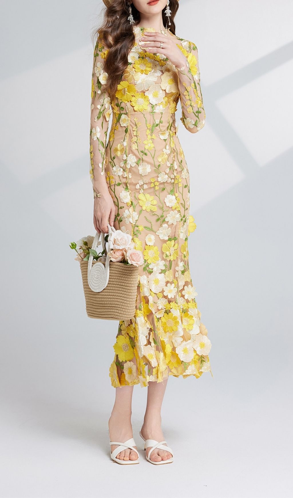 Carol Yellow Floral Embroidery Mesh Fishtail Long Sleeve Midi Dress