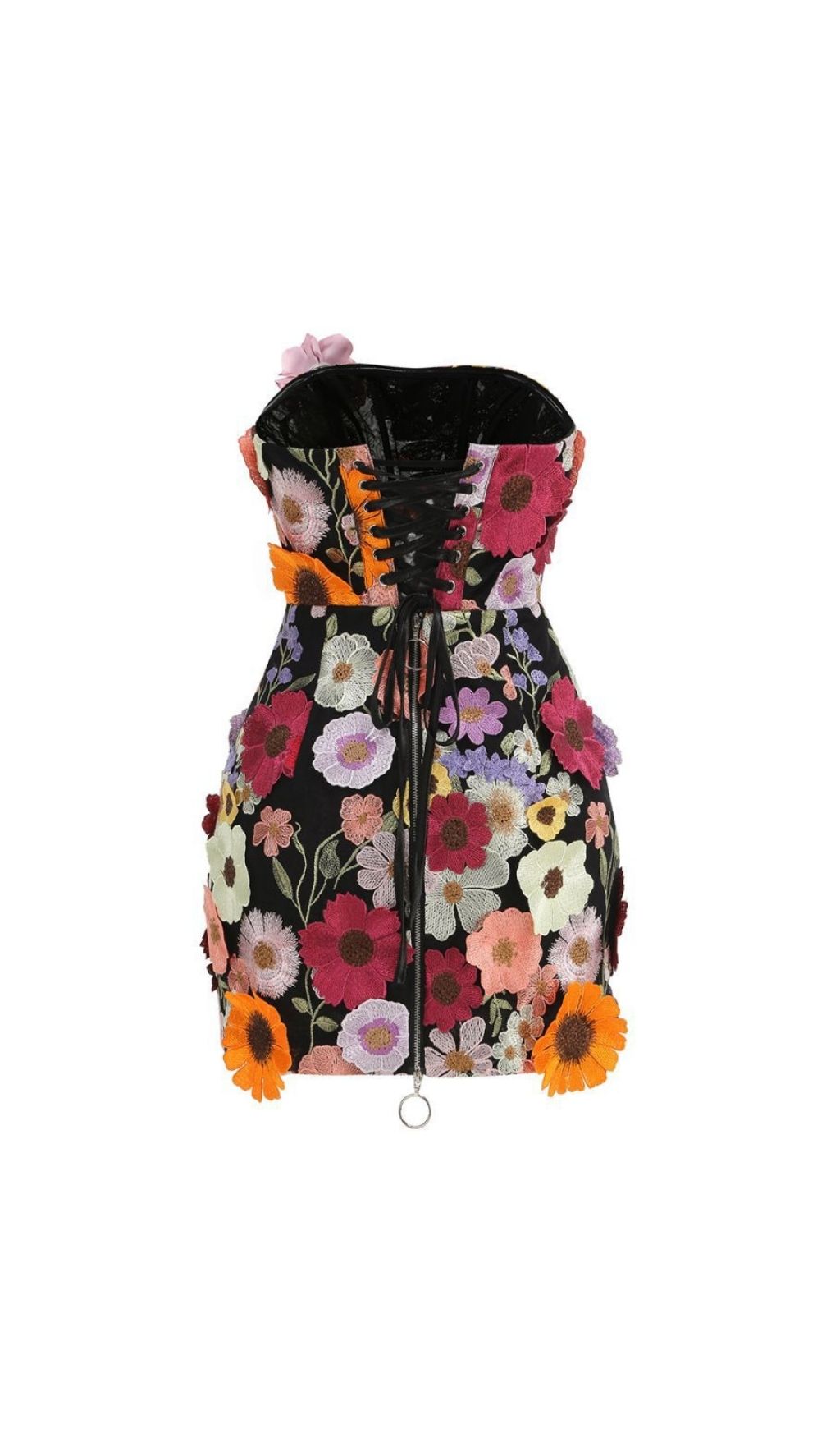 Laasya Black Strapless Flower Embroidery Mini Dress