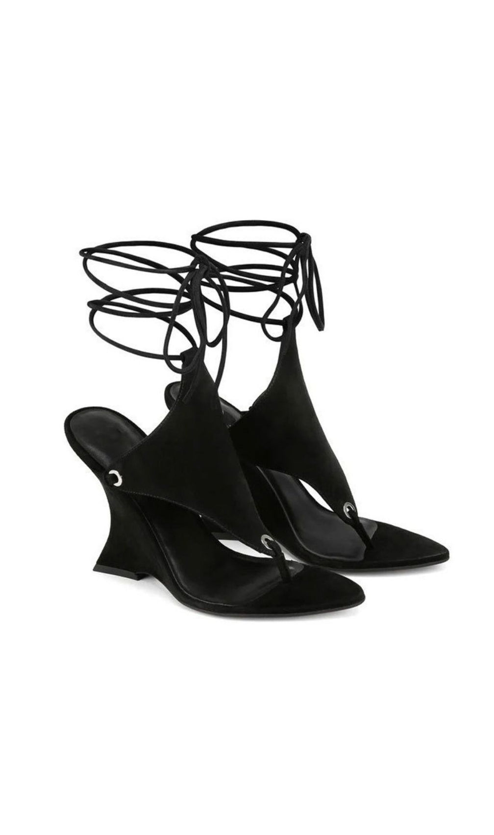 Gavren Black Sculptural Wedge Lace-Up Thong Sandals