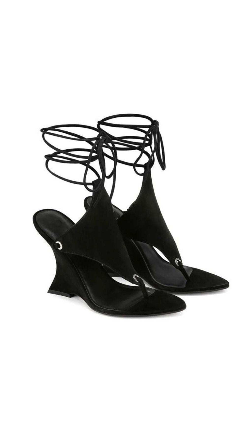 Gavren Black Sculptural Wedge Lace-Up Thong Sandals