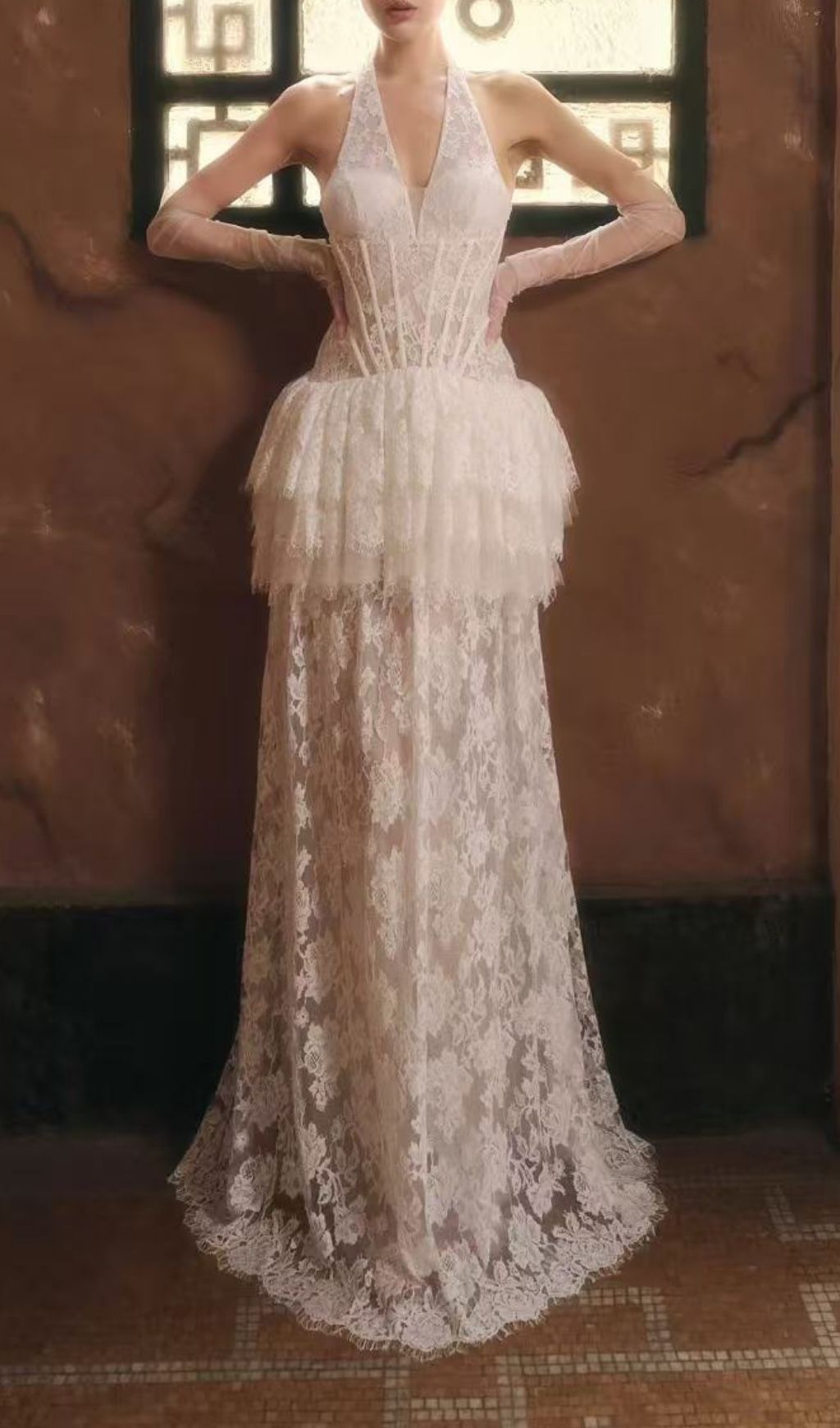 Kaylie Romantic Halter Lace Maxi Dress | Ethereal Tiered Gown with Corset Bodice