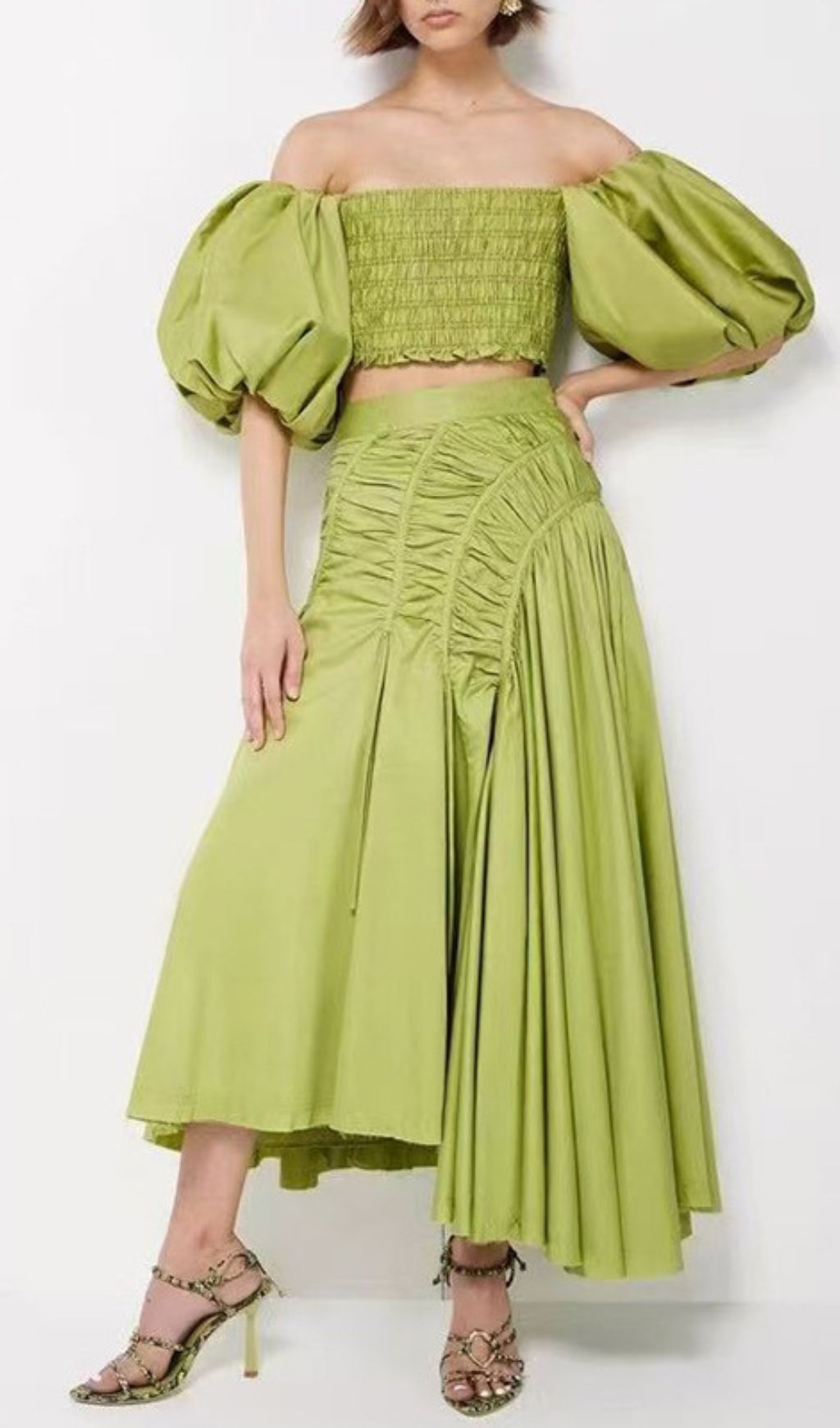 Vibrant Lime Green Puff Sleeve Crop Top & Ruched Maxi Skirt Set | Ivo Two-Piece