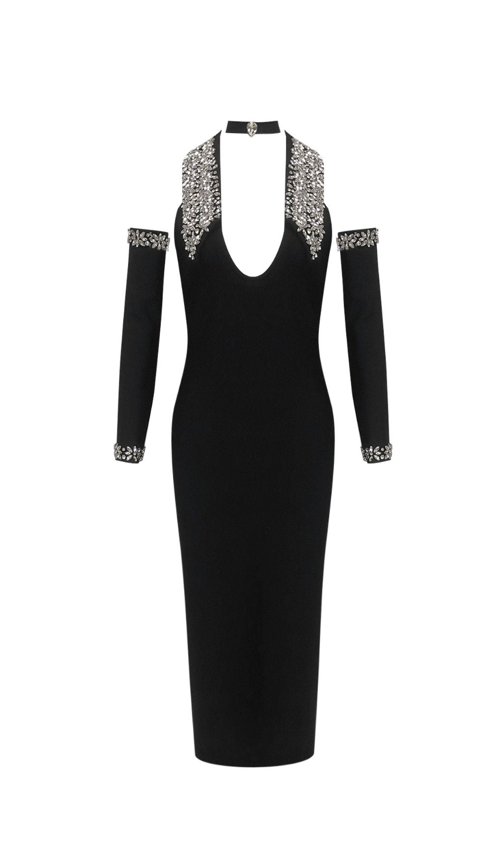Jeneal Black Halter Diamante Midi Bandage Dress