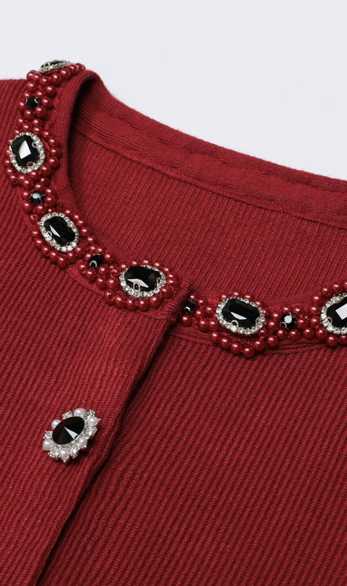Elegant Wine Red Embellished Knit Cardigan & Midi Skirt Set