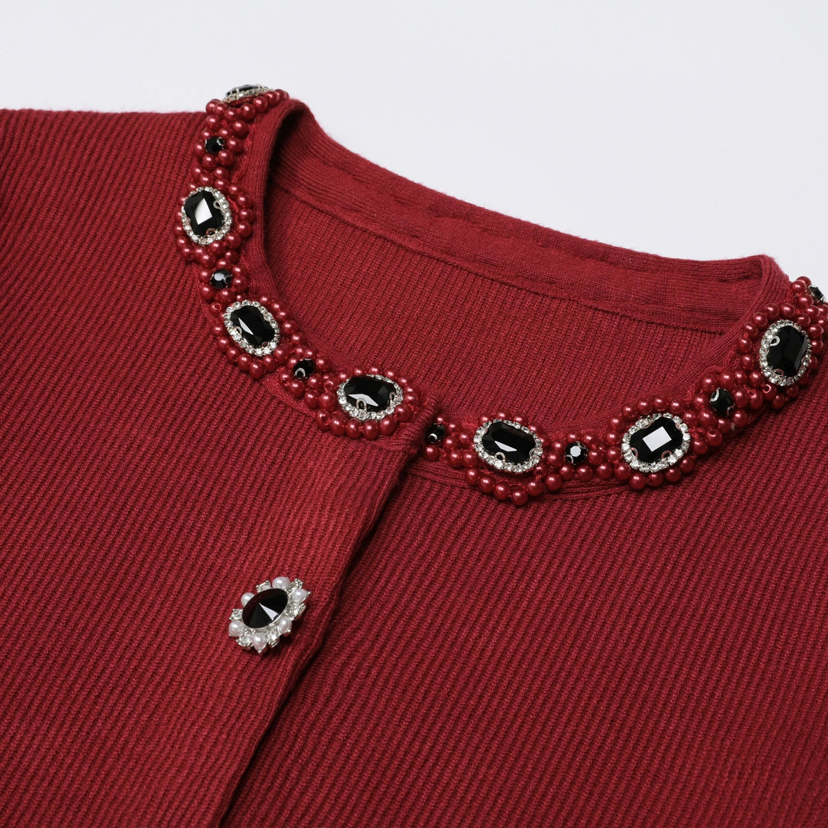 Elegant Wine Red Embellished Knit Cardigan & Midi Skirt Set