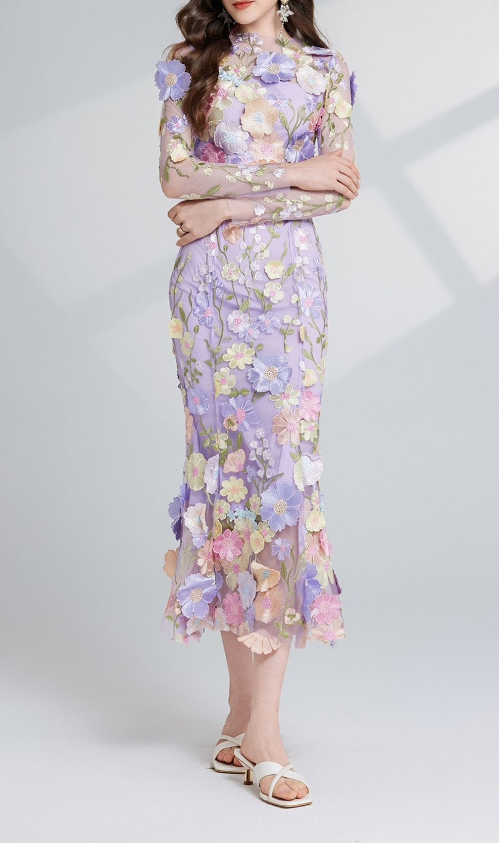 Carol Purple Floral Embroidery Mesh Fishtail Long Sleeve Midi Dress