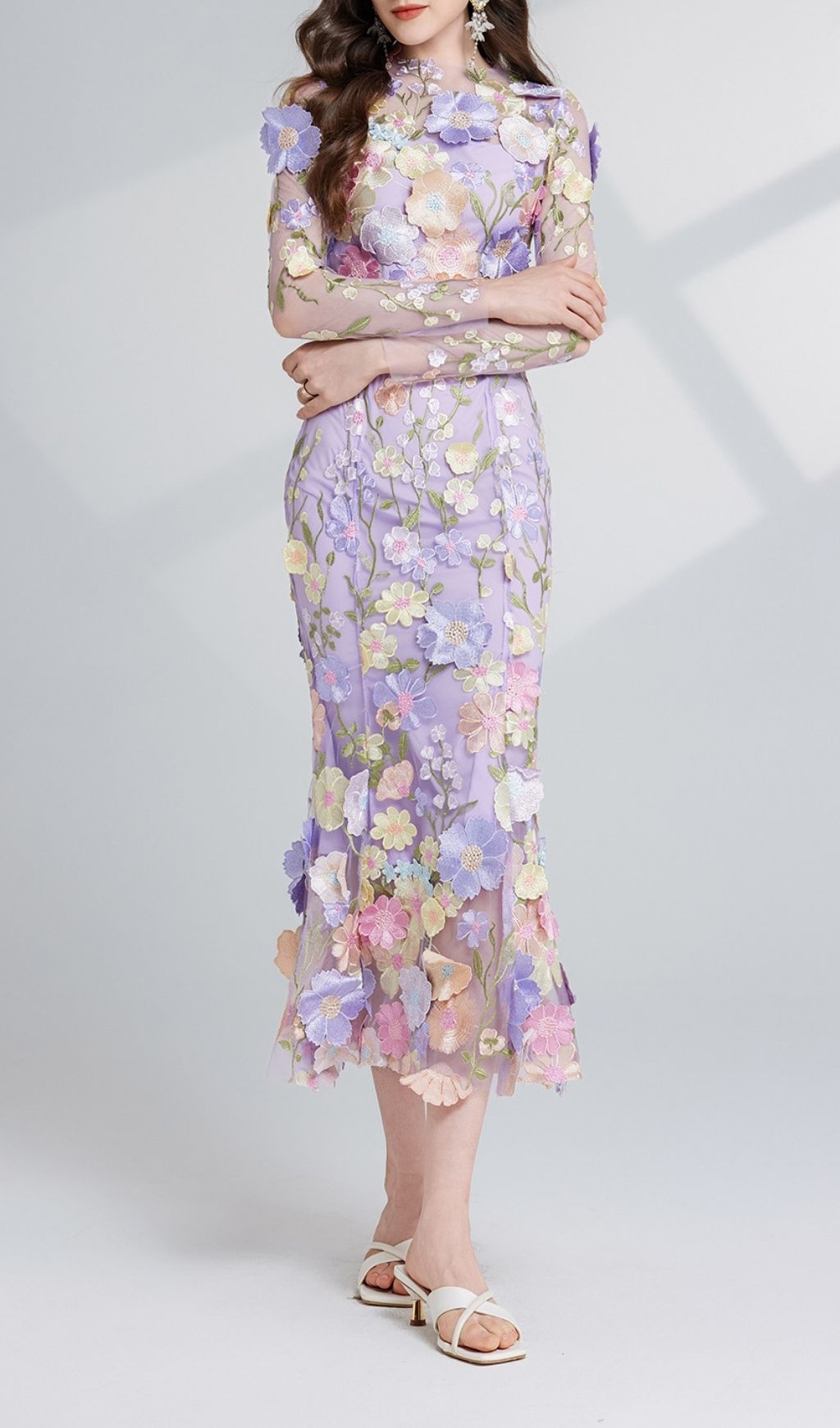 Carol Purple Floral Embroidery Mesh Fishtail Long Sleeve Midi Dress