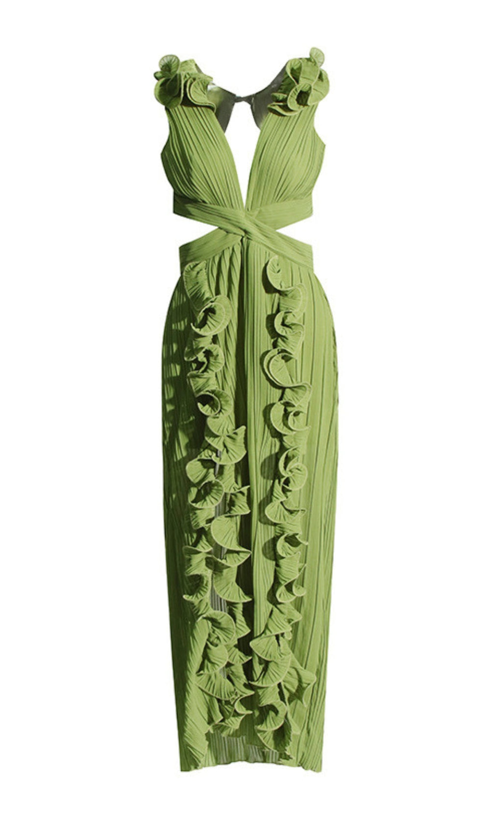 Beulah Green Deep V-Neck Ruffle Slit Maxi Dress
