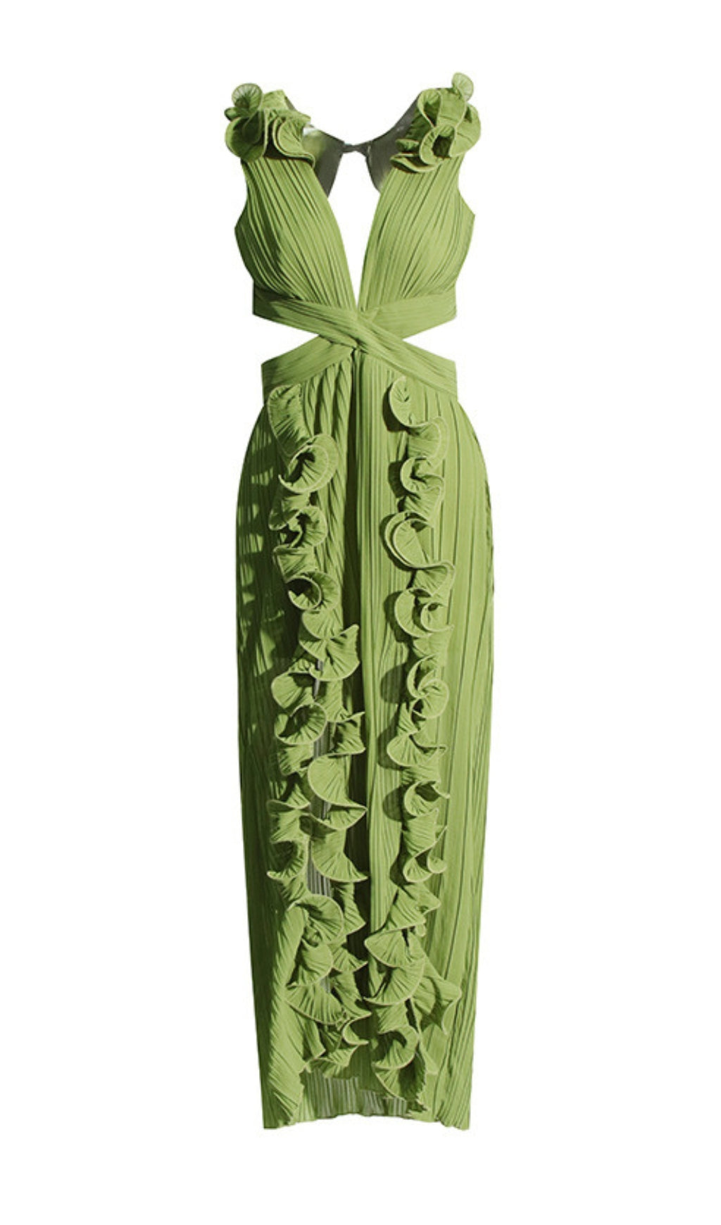 Beulah Green Deep V-Neck Ruffle Slit Maxi Dress