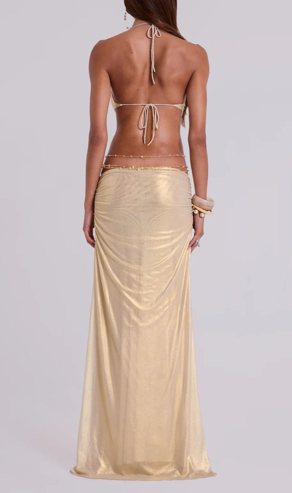 Julianna Gold Glamour: Halter Cutout Maxi Dress with Floral Embellishment