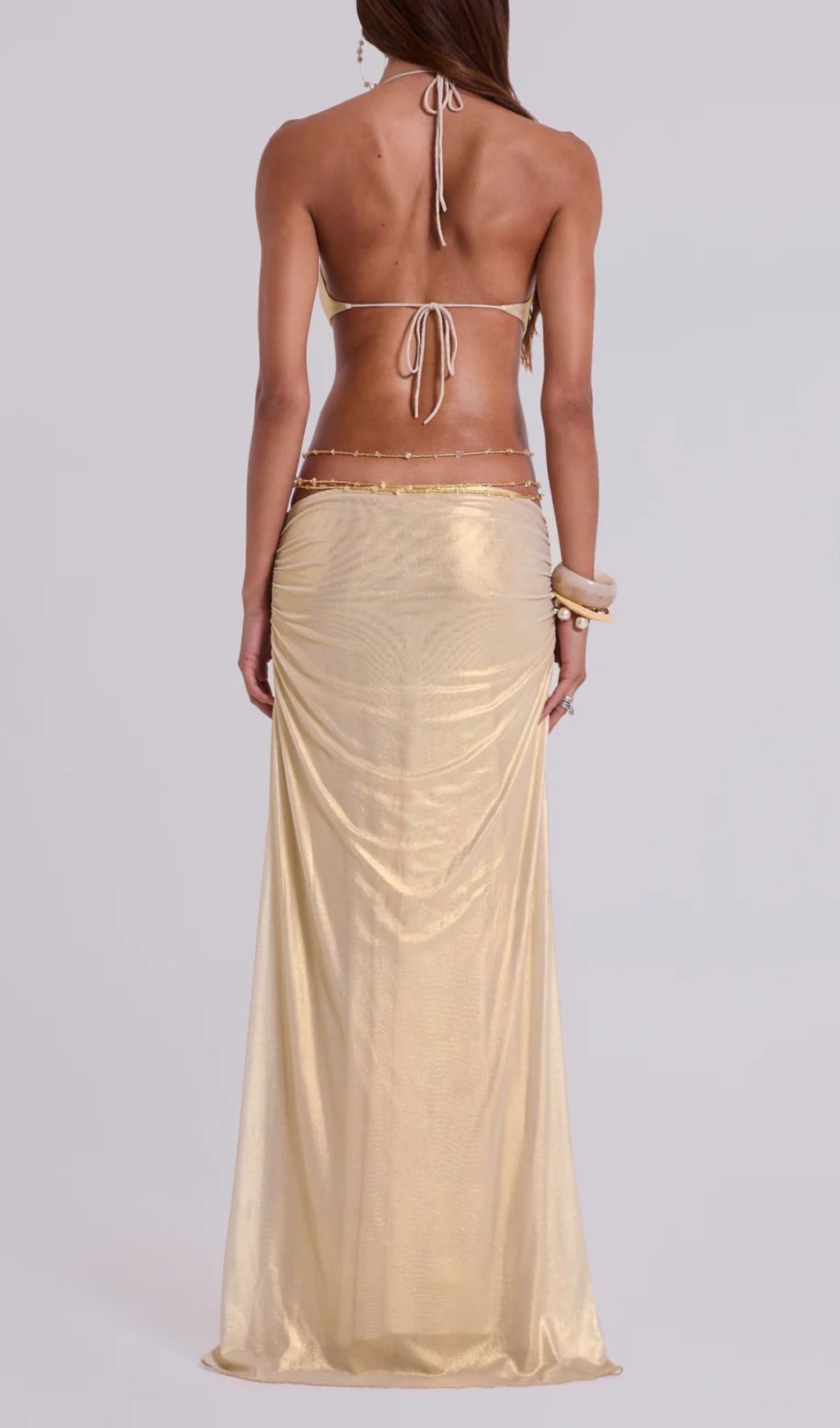 Julianna Gold Glamour: Halter Cutout Maxi Dress with Floral Embellishment