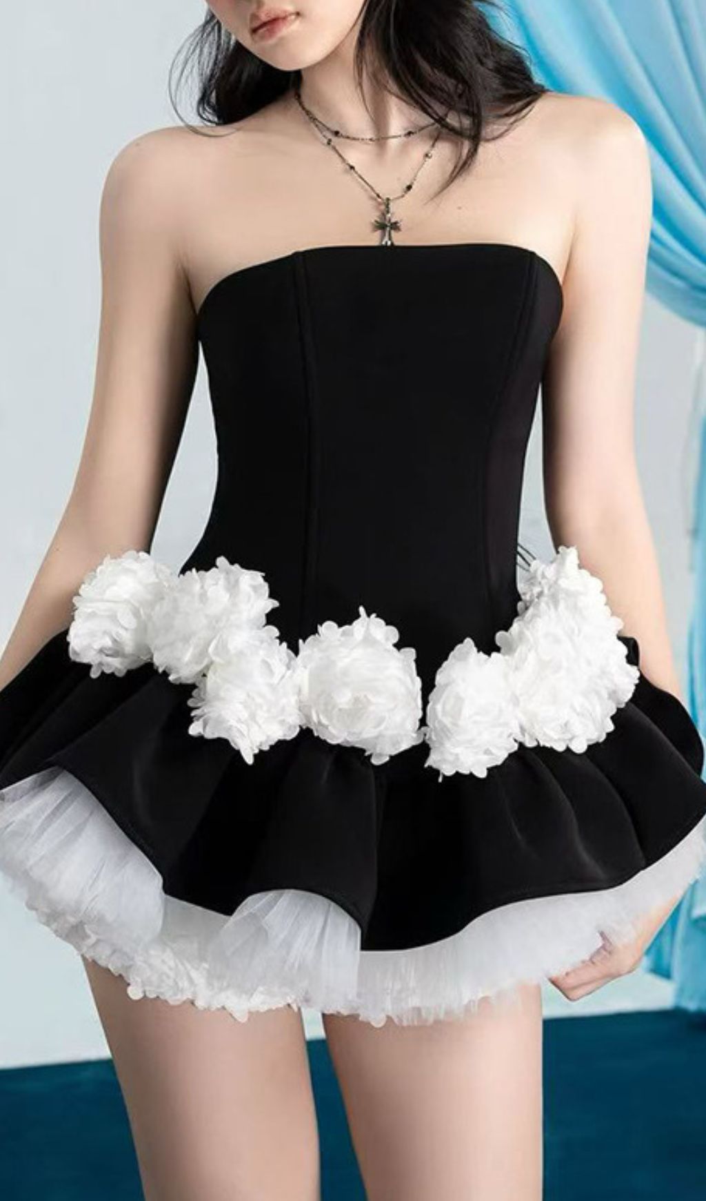 Ismeria Black Strapless Pompom & Tulle Mini Set – Edgy Coquette Style for Women