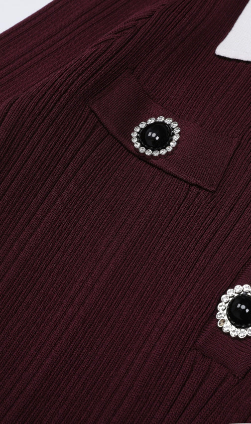 Javier Ribbed Knit Midi Dress - Long Sleeve, Contrast Collar & Burgundy Hue