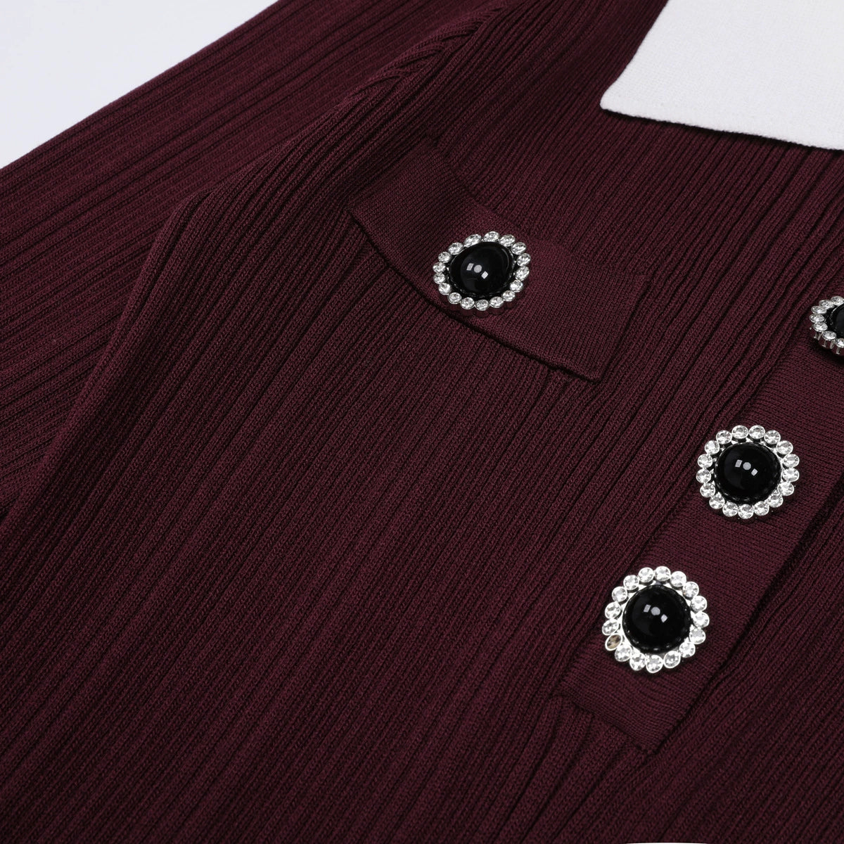 Javier Ribbed Knit Midi Dress - Long Sleeve, Contrast Collar & Burgundy Hue