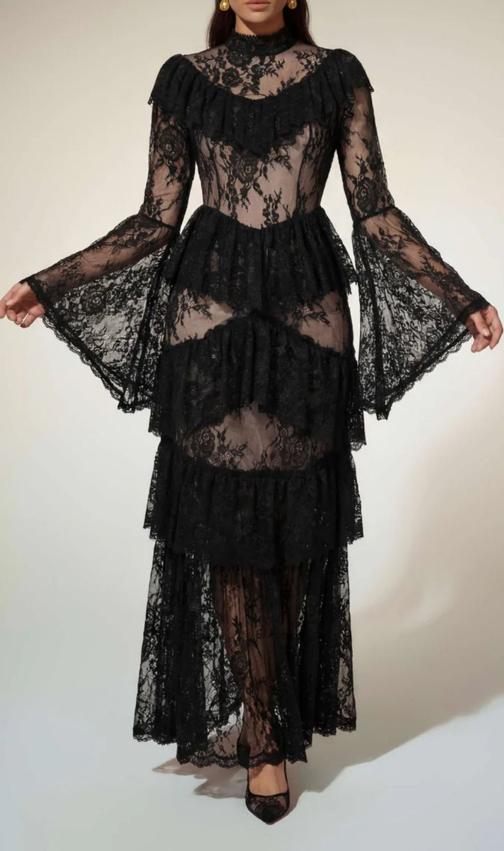 Aloysius Dramatic Black Lace Tiered Maxi Dress with Bell Sleeves