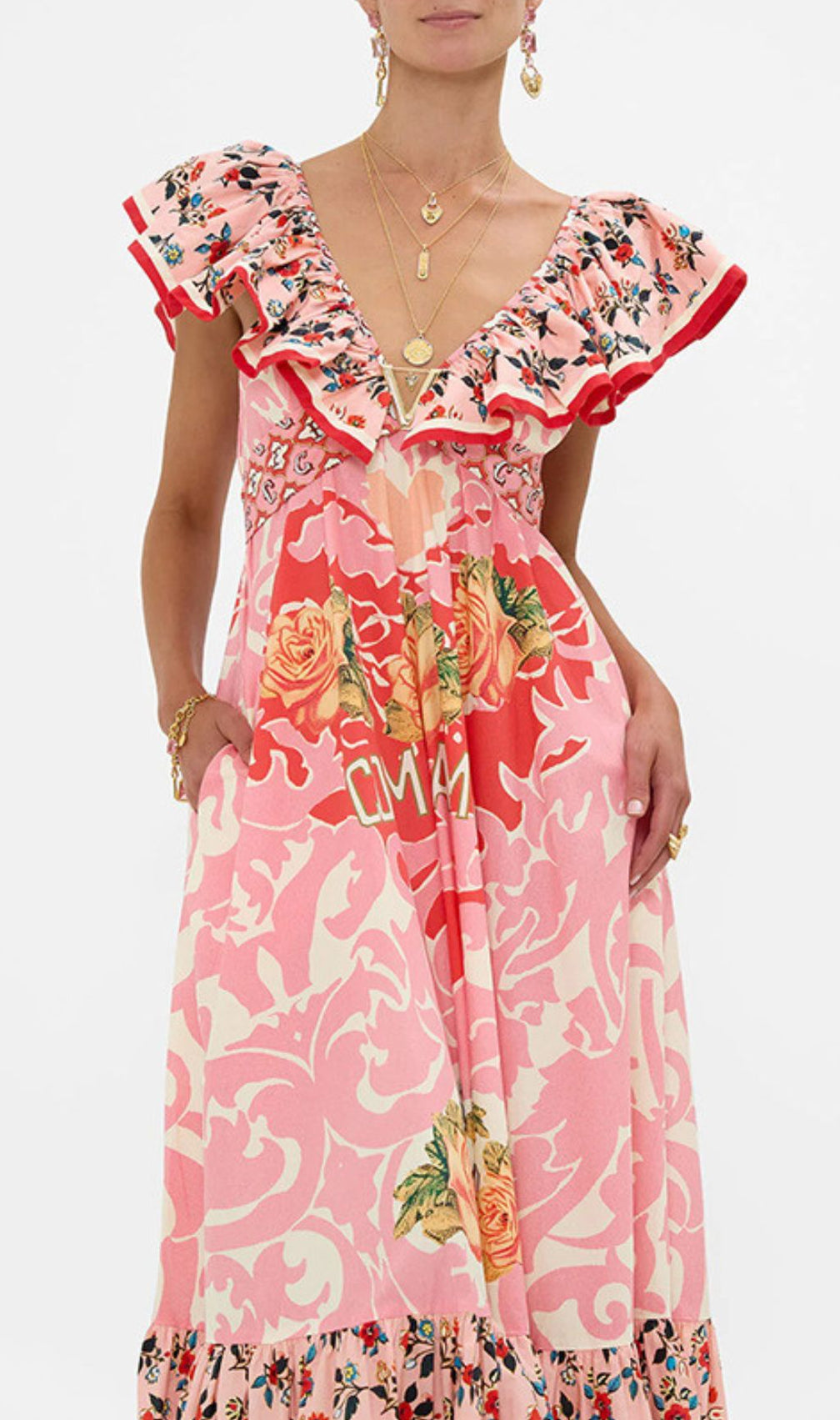 Irina Chic Pink Floral V-Neck Maxi Dress - Bohemian Tiered Print
