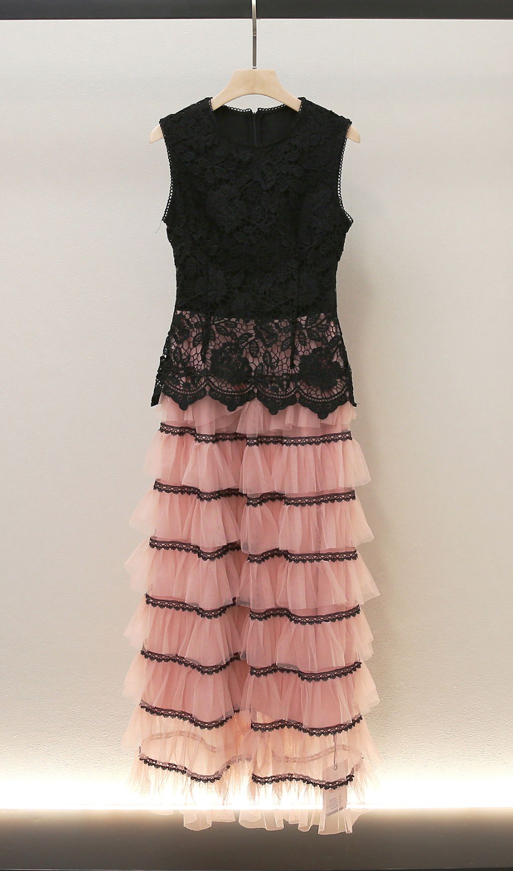 Humita Enchanting Black Lace & Blush Tiered Tulle Maxi Dress