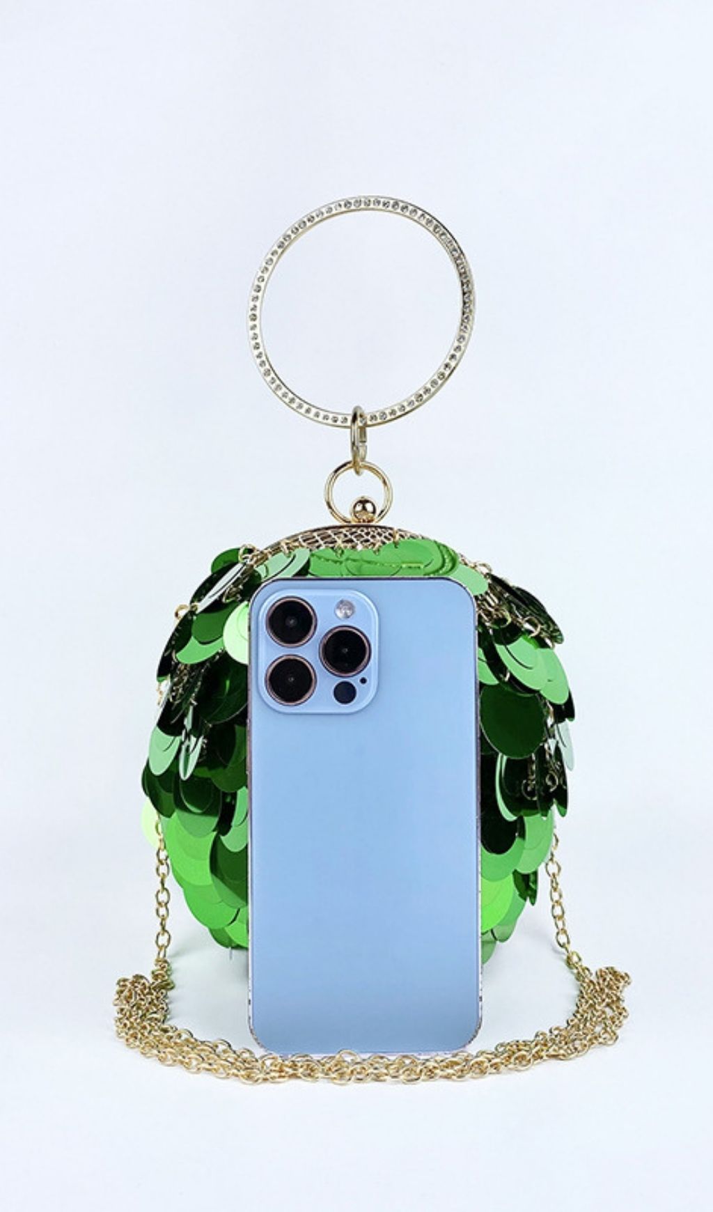 Adaiba Dazzling Green Sequin Ball Clutch | Statement Ring Handle Bag