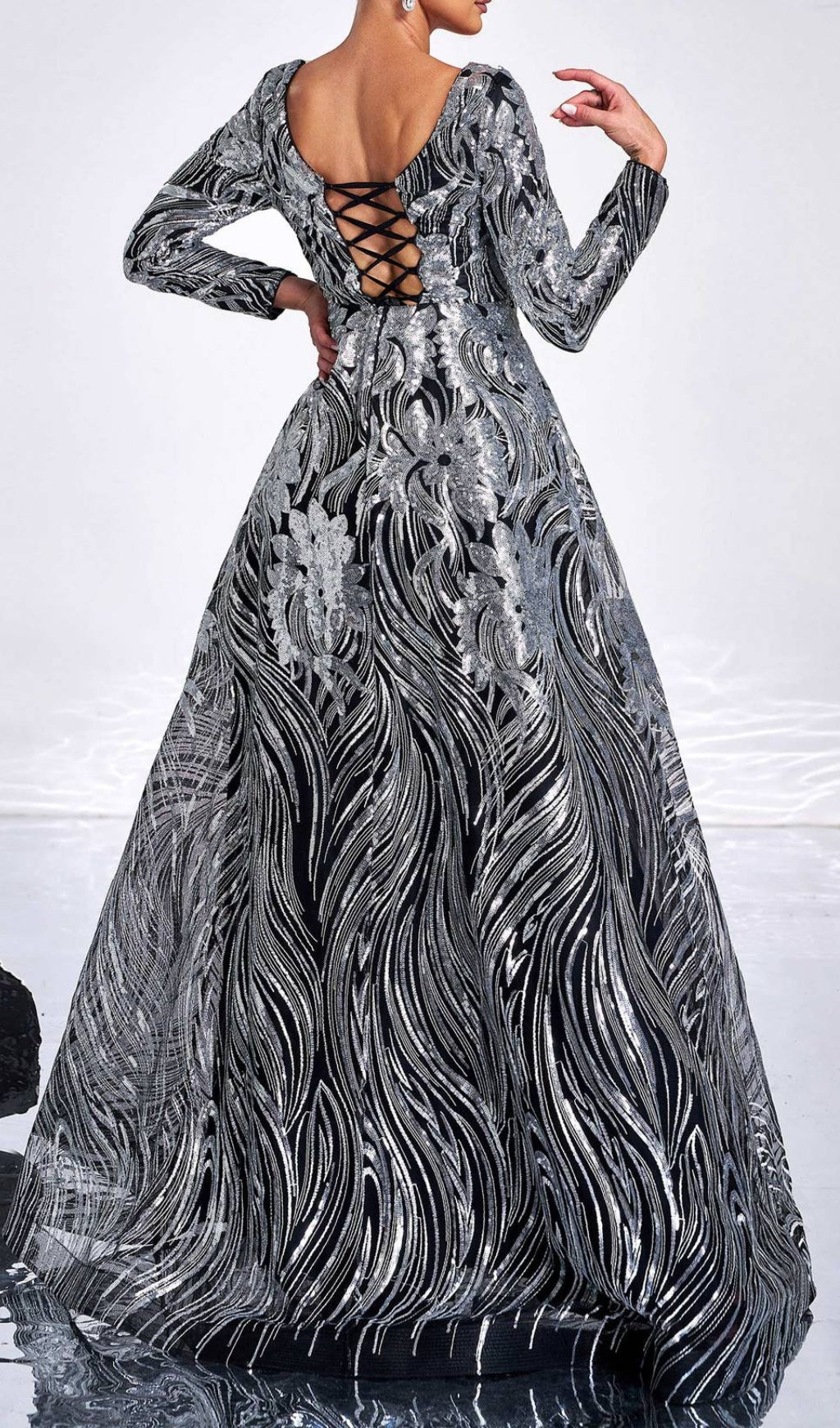 Charae Silver Sequin Long Sleeve Maxi Dress