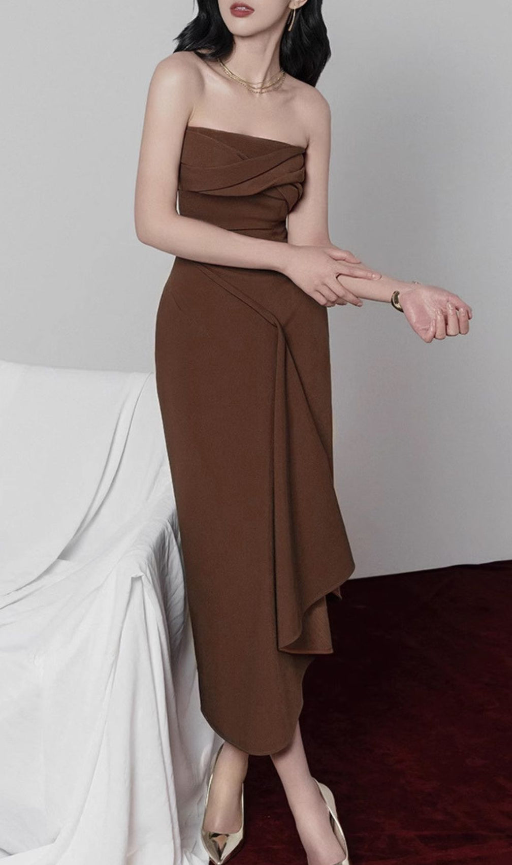 Gali Brown Strapless Irregular Midi Dress