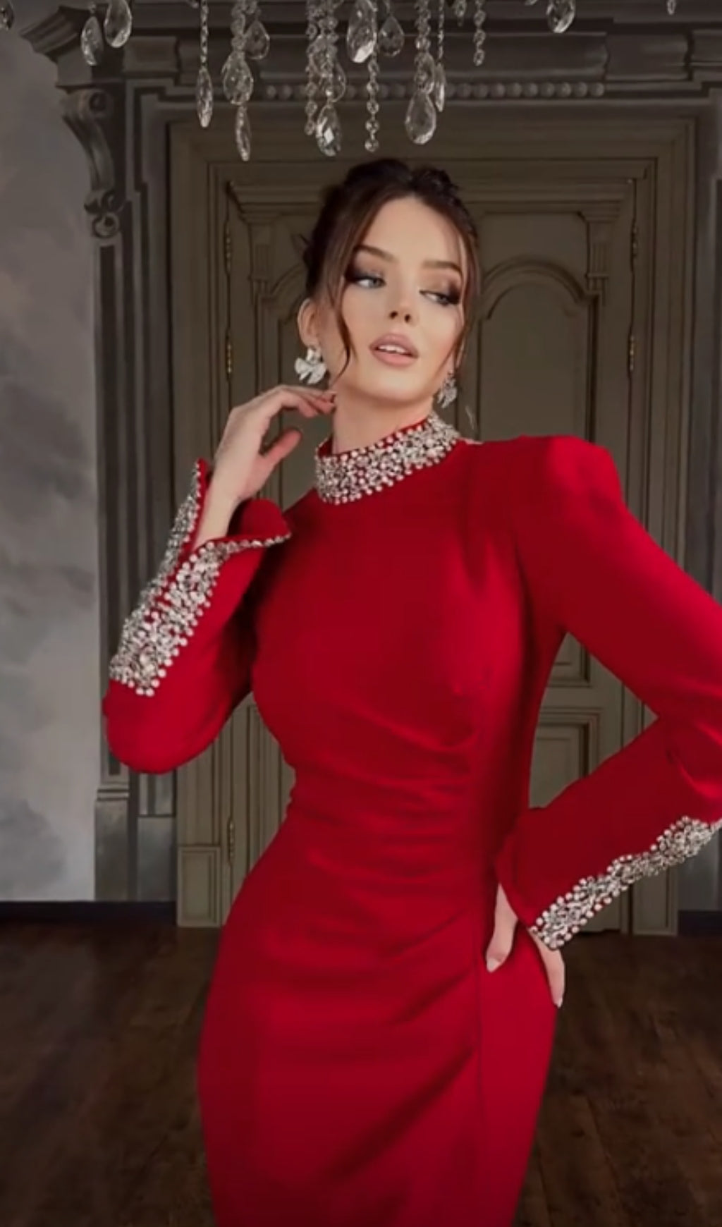 Bridie Red Long Sleeve Crystal Midi Dress