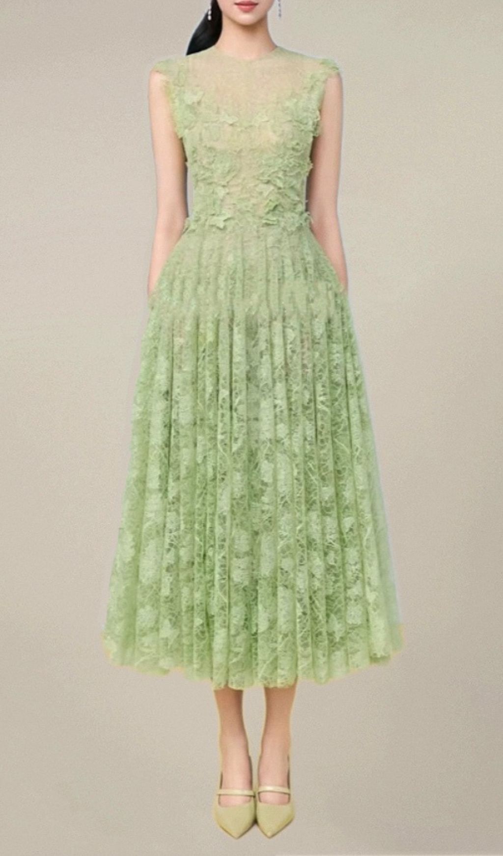 Hisaye Enchanting Lace & Mesh Pleated Midi Dress - Ethereal Green for Special Occasions
