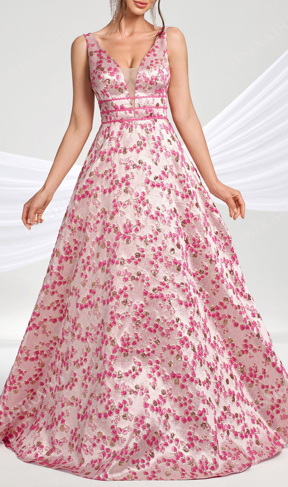 Hamida Enchanting Pink Floral V-Neck Maxi Dress | Elegant Gown for Women