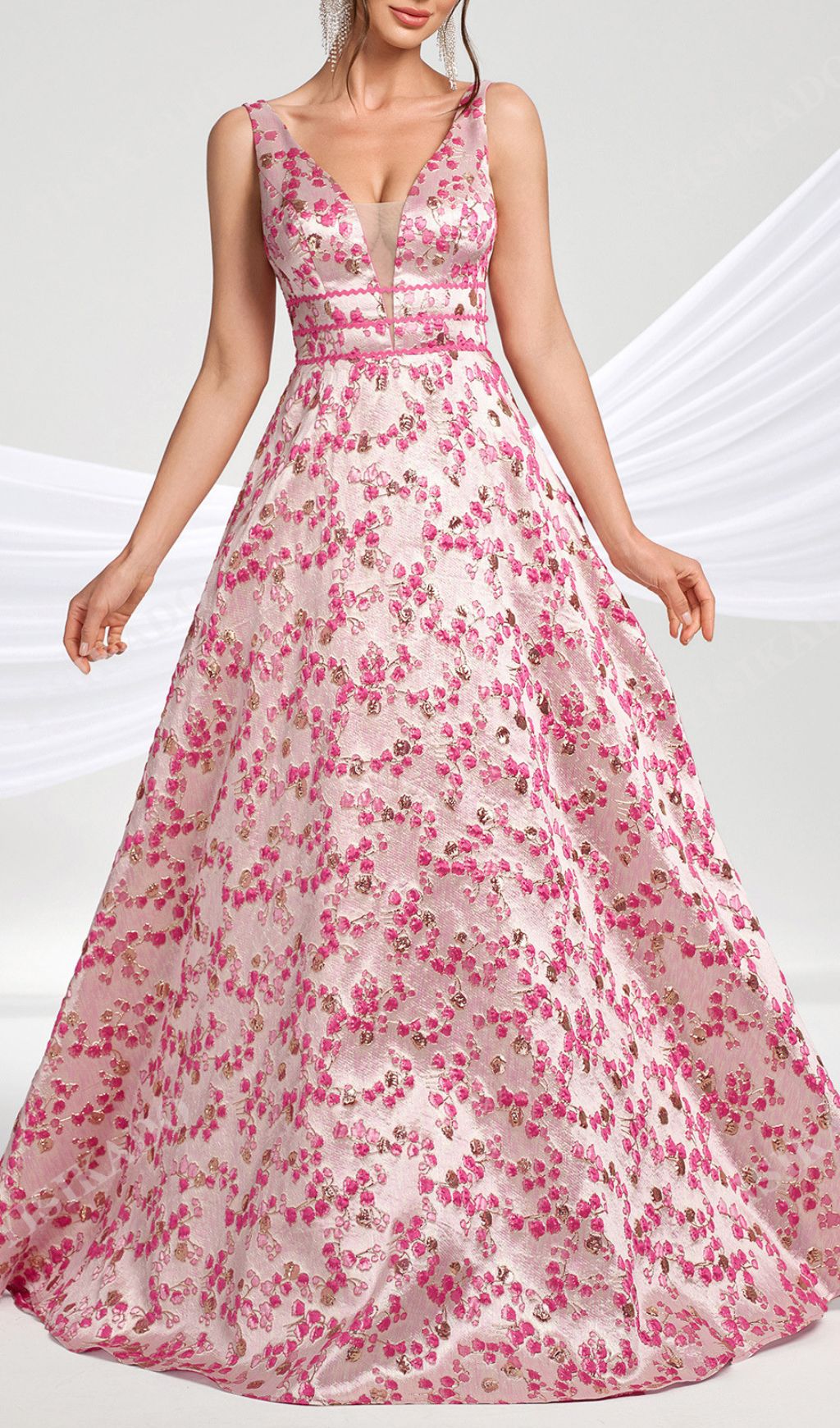 Hamida Enchanting Pink Floral V-Neck Maxi Dress | Elegant Gown for Women