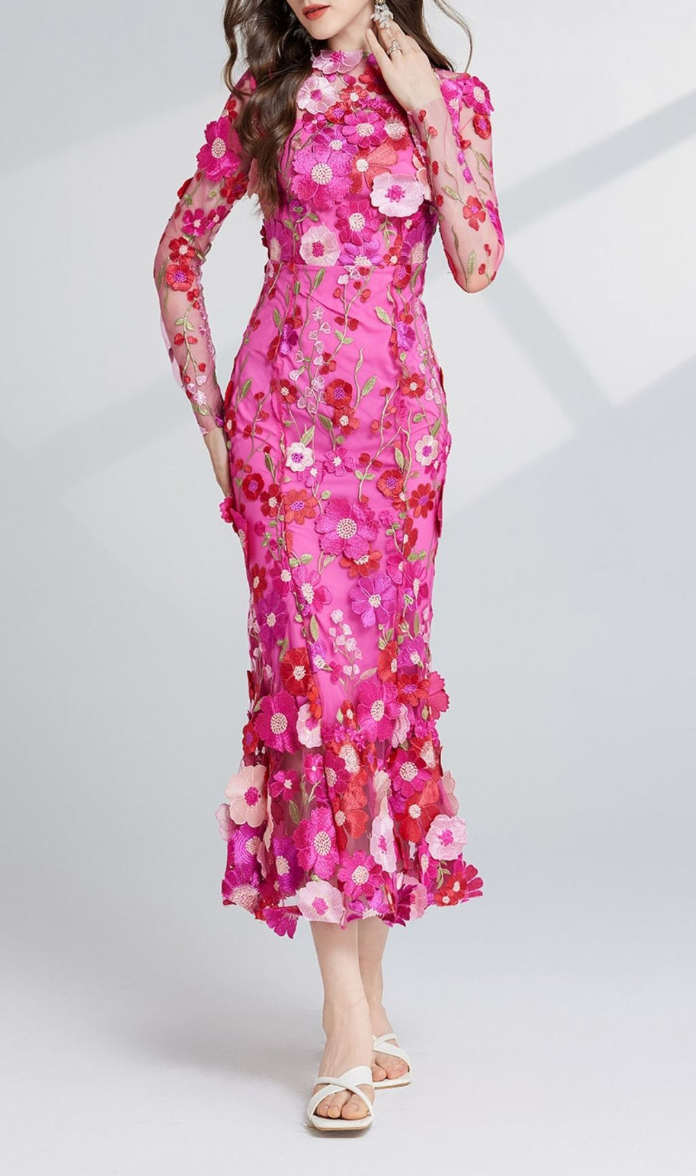 Carol Rose Red Floral Embroidery Mesh Fishtail Long Sleeve Midi Dress