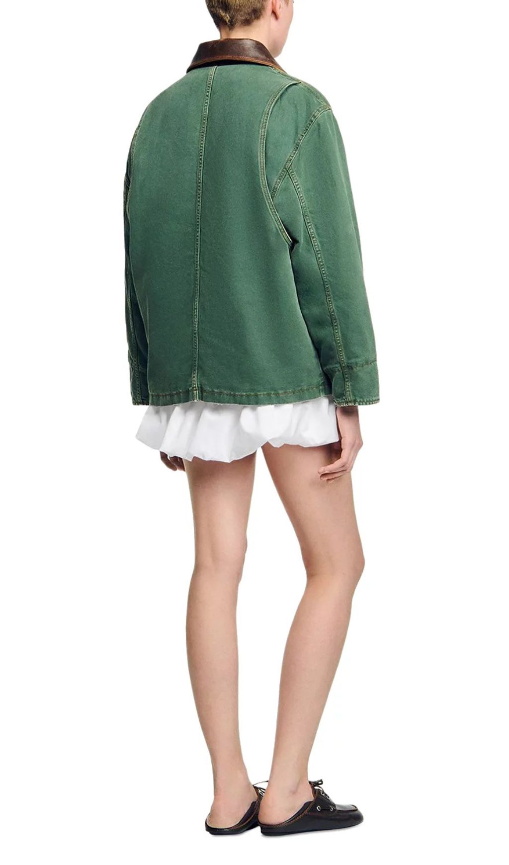 Women's Chic Green Workwear Jacket with Contrast Leather Collar