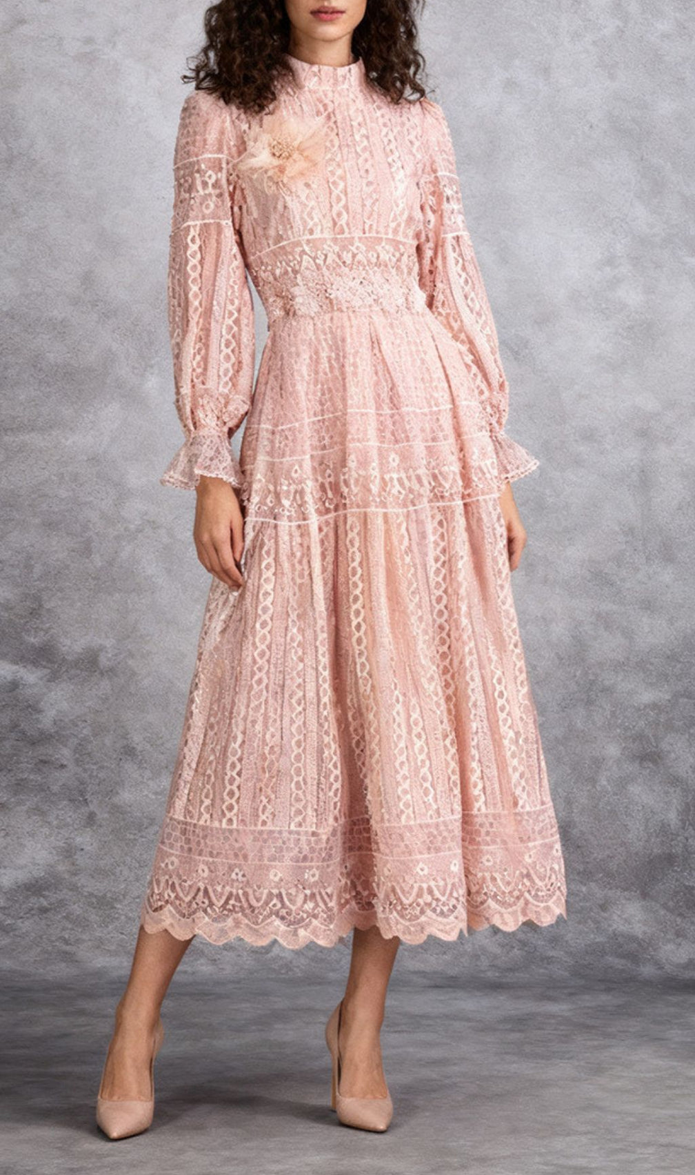 Ivah Romantic Blush Pink Floral Lace Midi Dress - Elegant Long Sleeve