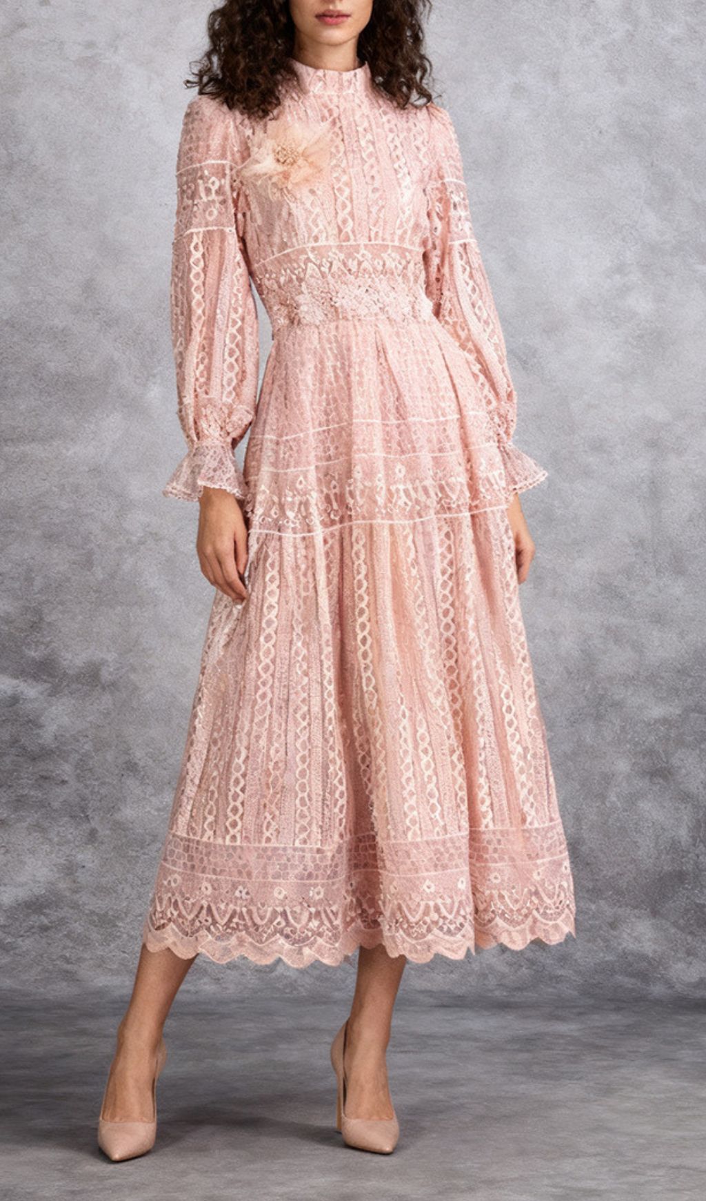 Ivah Romantic Blush Pink Floral Lace Midi Dress - Elegant Long Sleeve