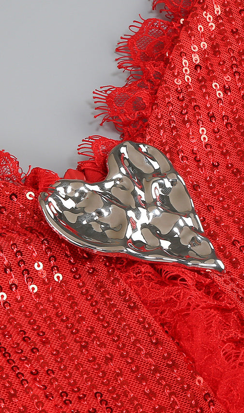 Ignite the Night: Janella Red Sequin Ruched Strappy Maxi Dress