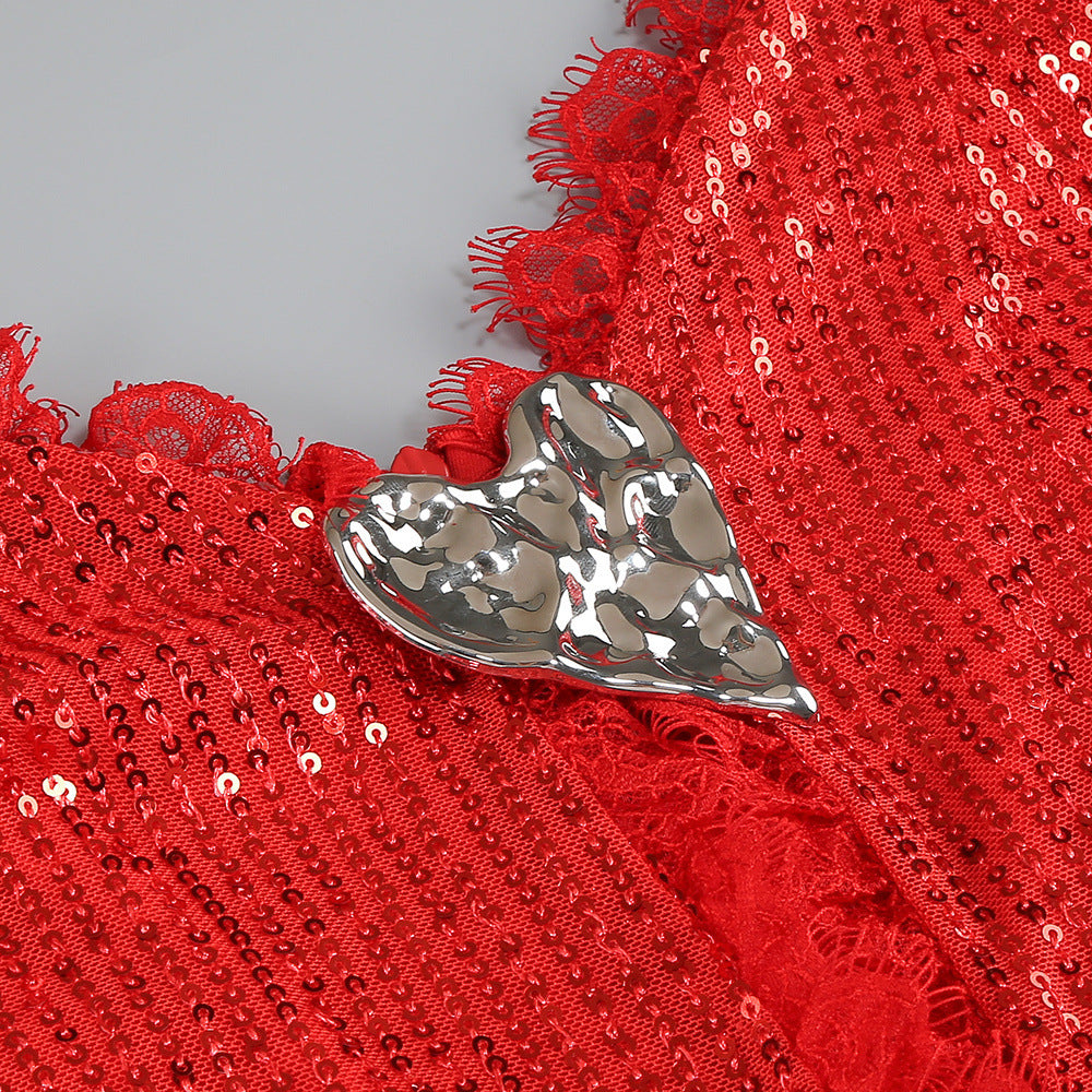 Ignite the Night: Janella Red Sequin Ruched Strappy Maxi Dress