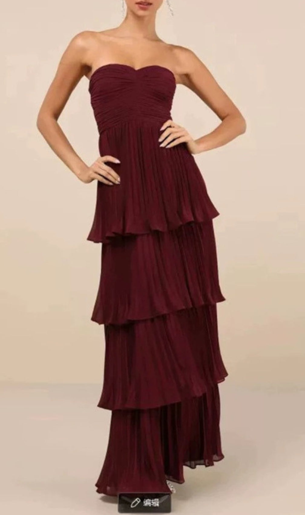 Ensio Wine Strapless Pleated Maxi Dress