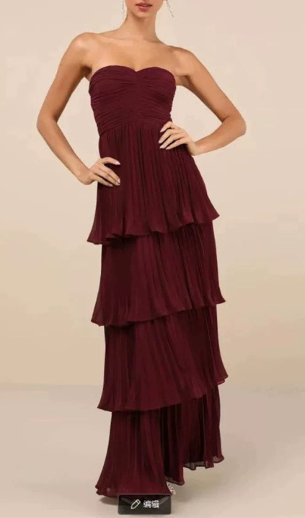 Ensio Wine Strapless Pleated Maxi Dress