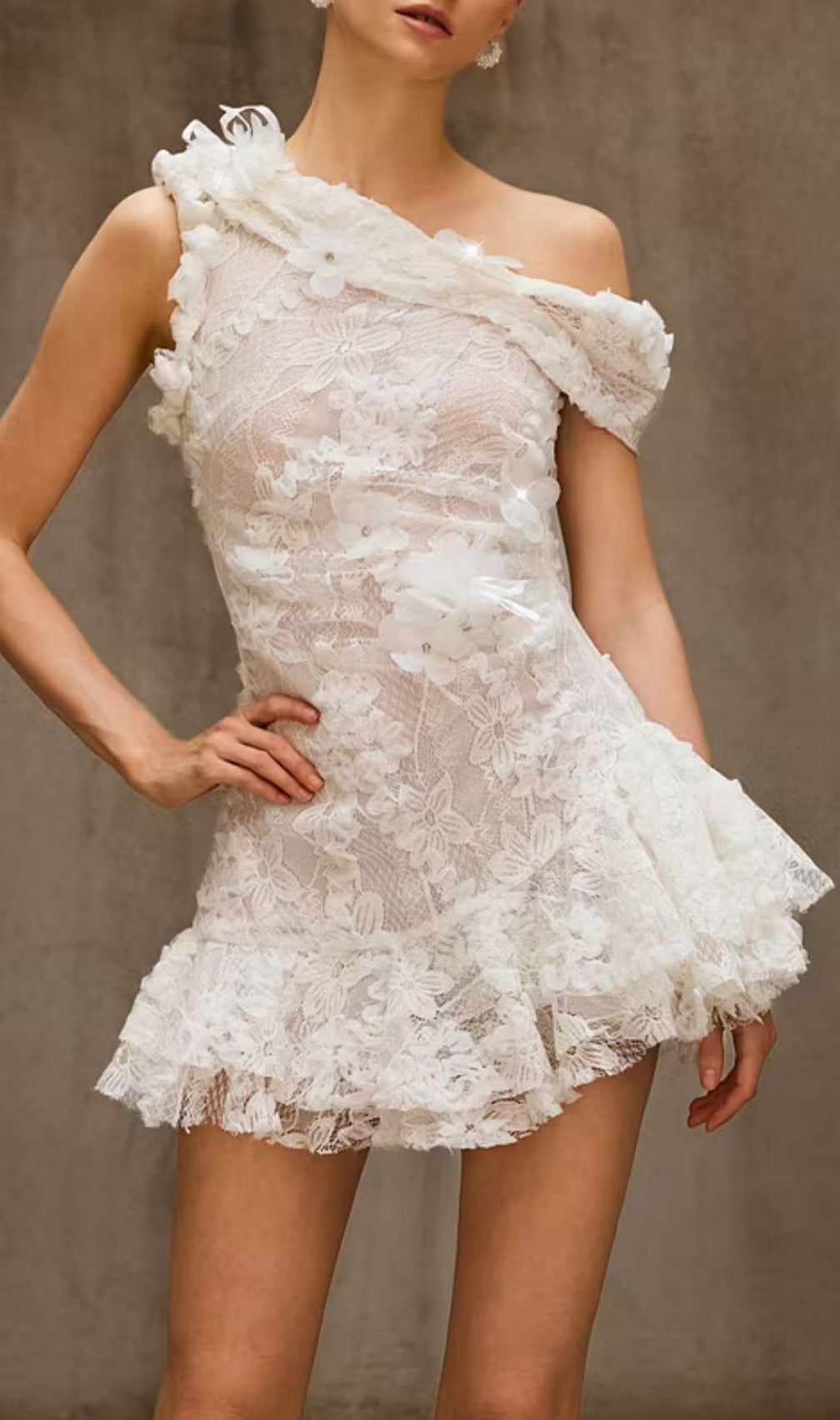 Durriyah Sculptural One-Shoulder Floral Lace Mini Dress - Glamorous Cocktail & Party Statement