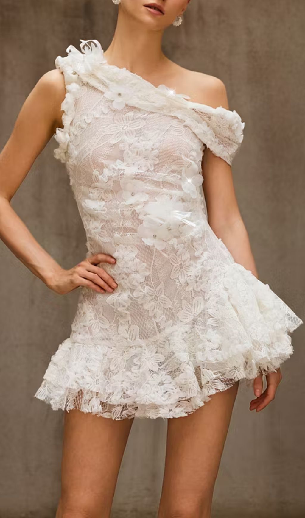 Durriyah Sculptural One-Shoulder Floral Lace Mini Dress - Glamorous Cocktail & Party Statement