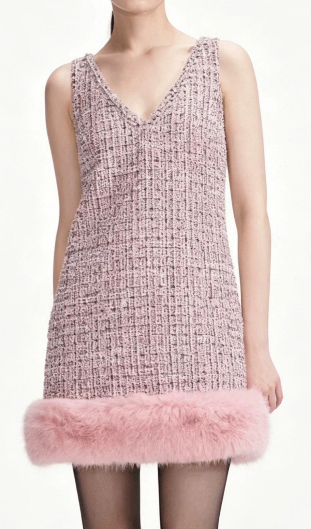 Kiffany Pink V-Neck Fluffy Hem Mini Dress