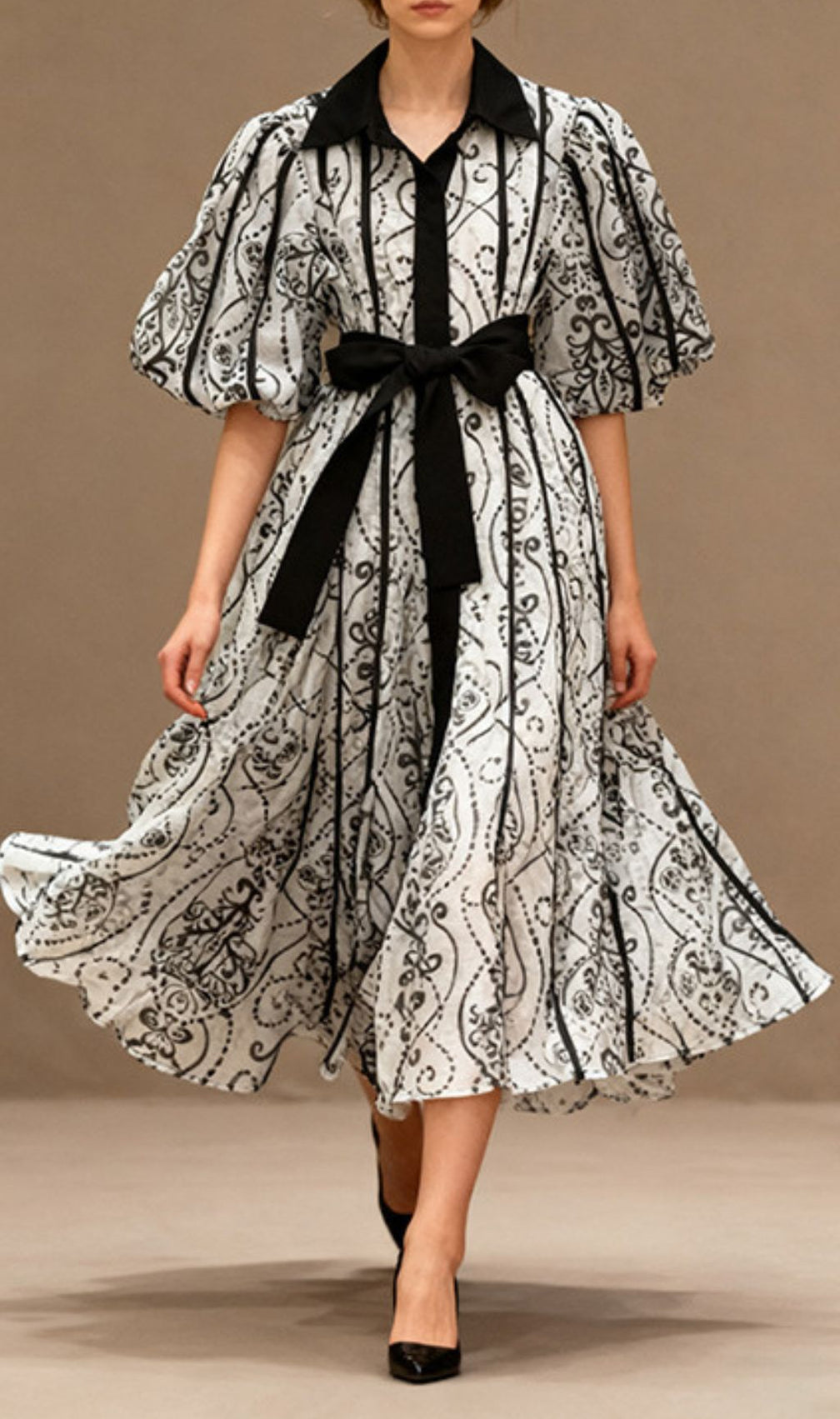 Sophisticated Puff-Sleeve Printed Midi Dress with Tie-Waist